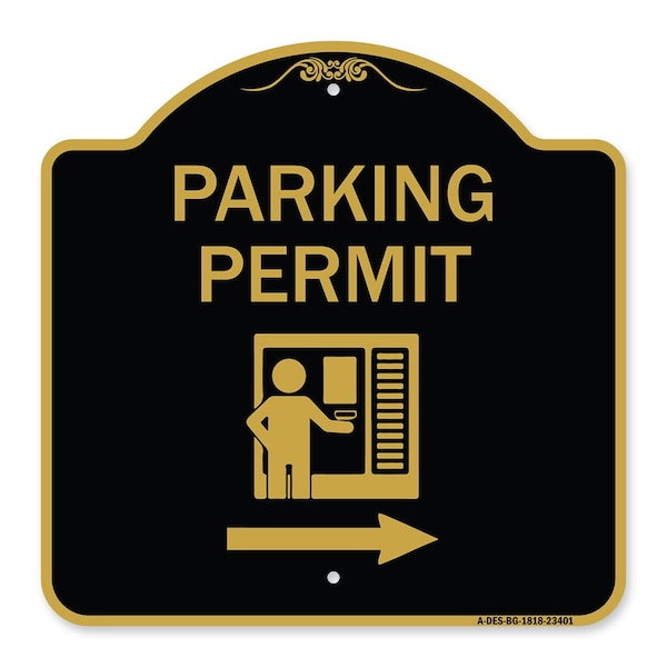 Parking Permit With Right Arrow, Black & Gold Aluminum Architectural Sign, 18" x 18", BG-1818-23401